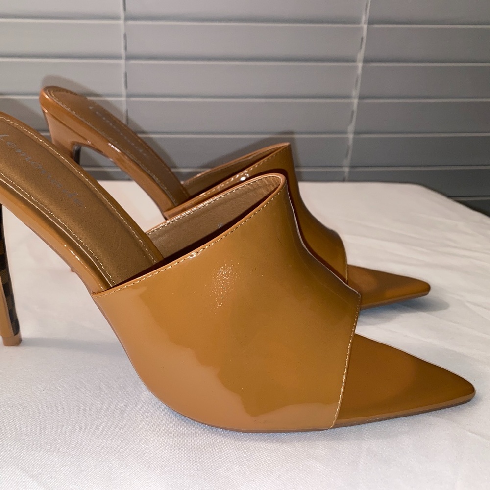 Tan Pointy Open Toe Heels